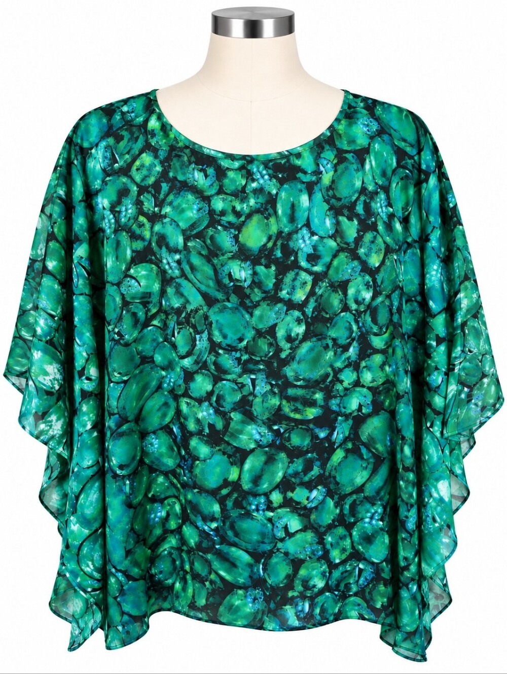 Bob Mackie Wearable Art Poncho Top L Green Black Stain Abstract Dolman Blouse